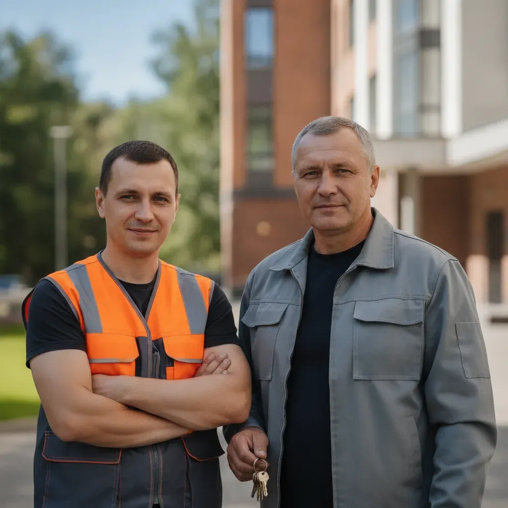 Двое мастеров службы вскрытия и замены замков у входа в жилой дом в Москве